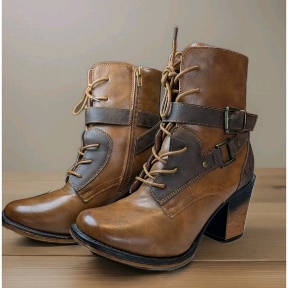 Pierre Dumas Shoes - Pierre Dumas Ravenna 18 Booties Womens 8.5 Caramel Faux Leather Block Heel